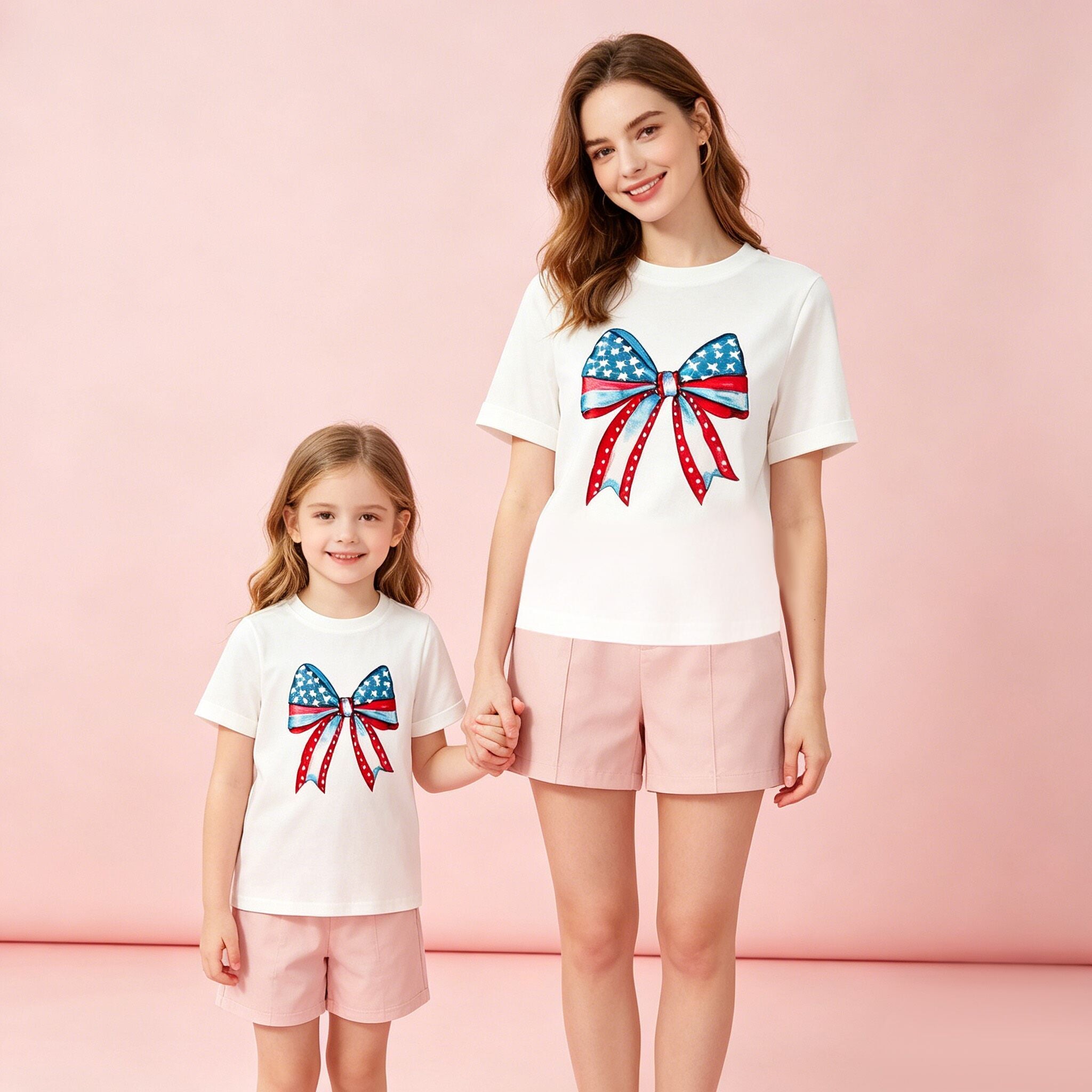 （In Stock）Mommy&Me Summer Patriotic Bow Print White Top