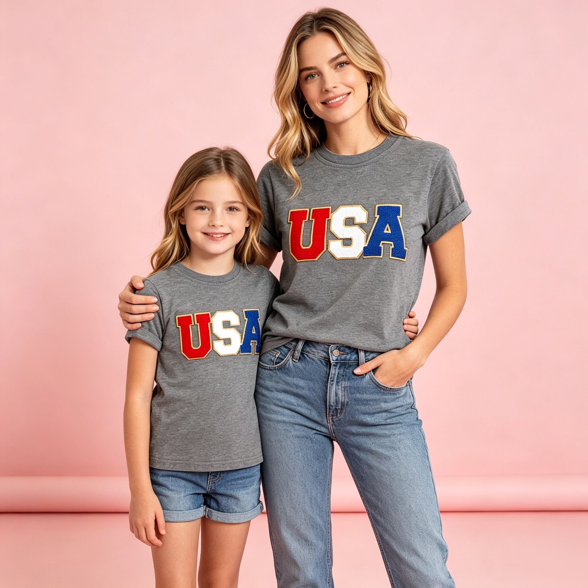 （In Stock）Mommy&Me Summer Patriotic Chenille Patches Grey Top