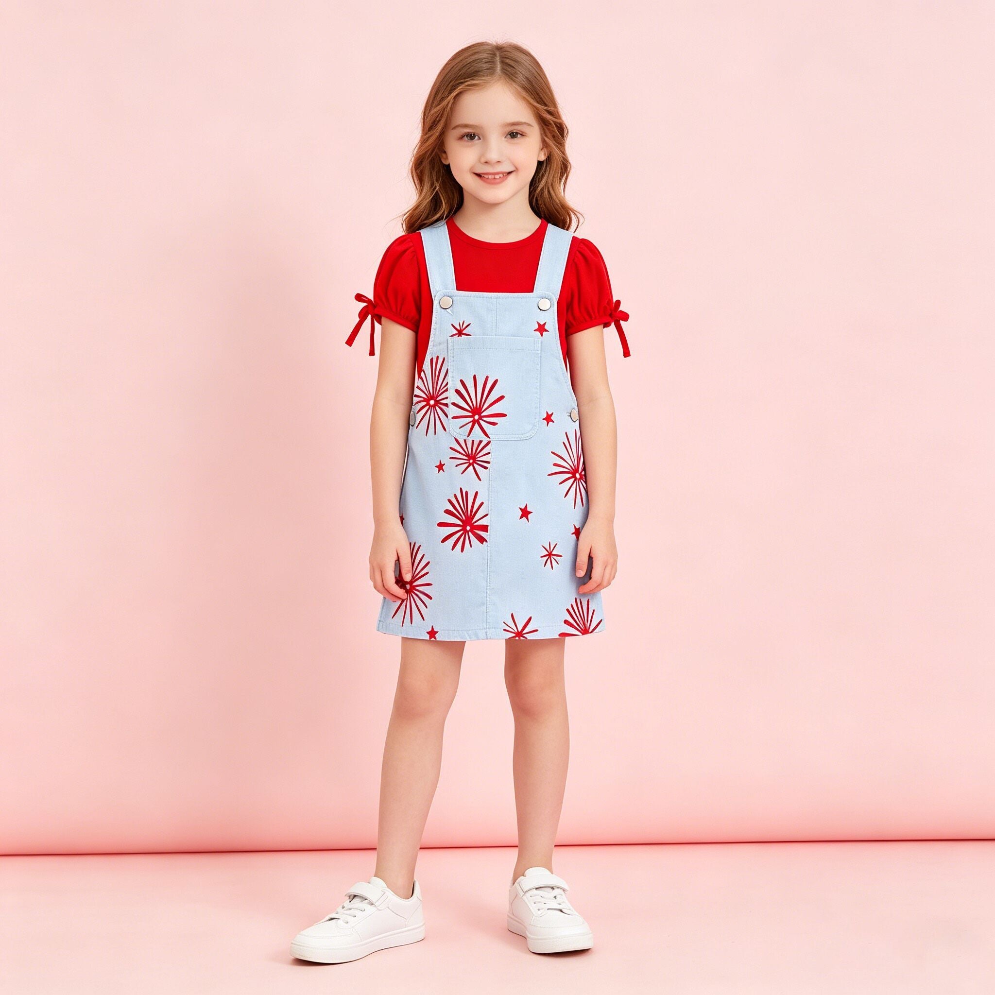 （In Stock）Girls Summer Patriotic Cotton Top Overall Dress Set