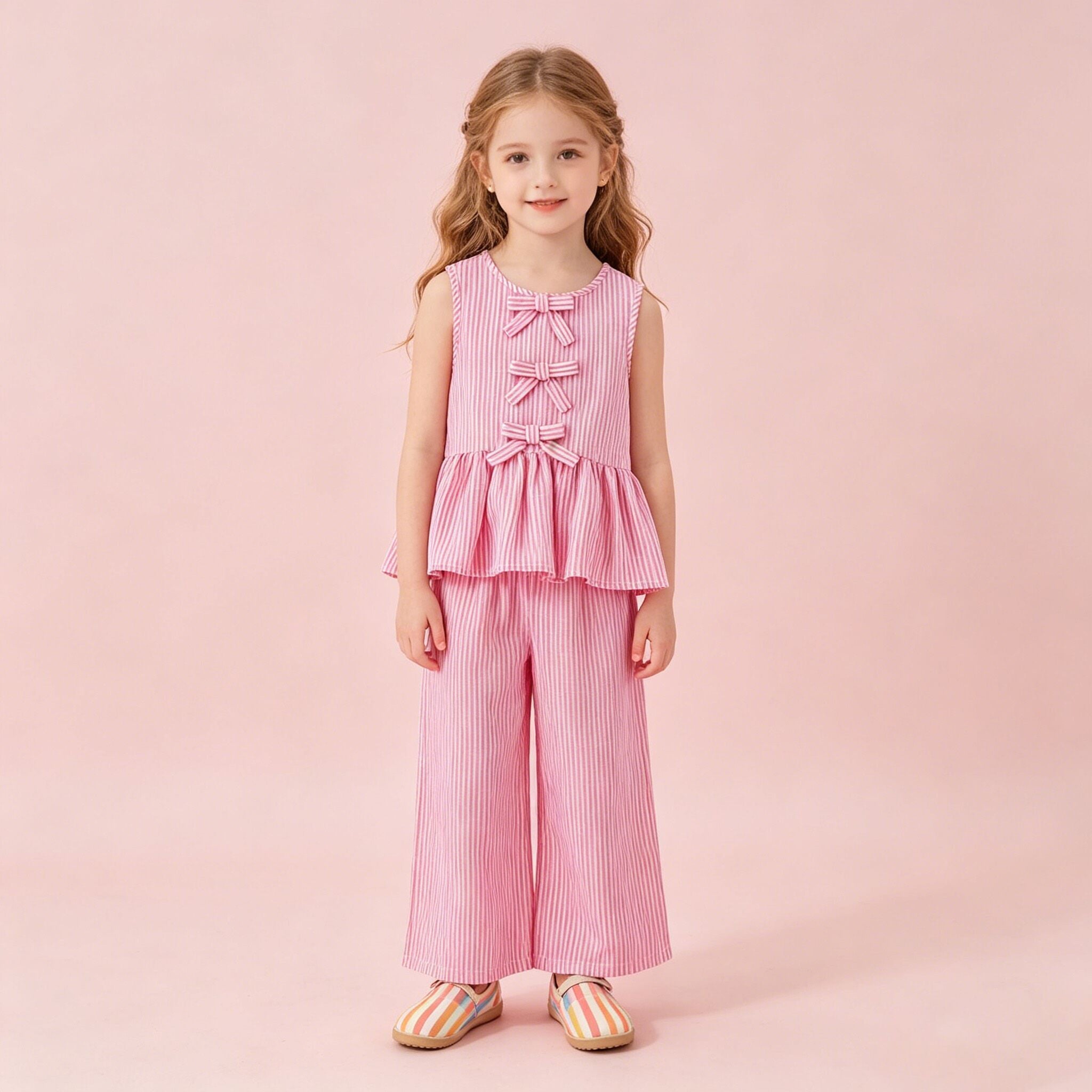 （In Production）Girls Summer Pink Stripes Sleeveless Long Pants Suit