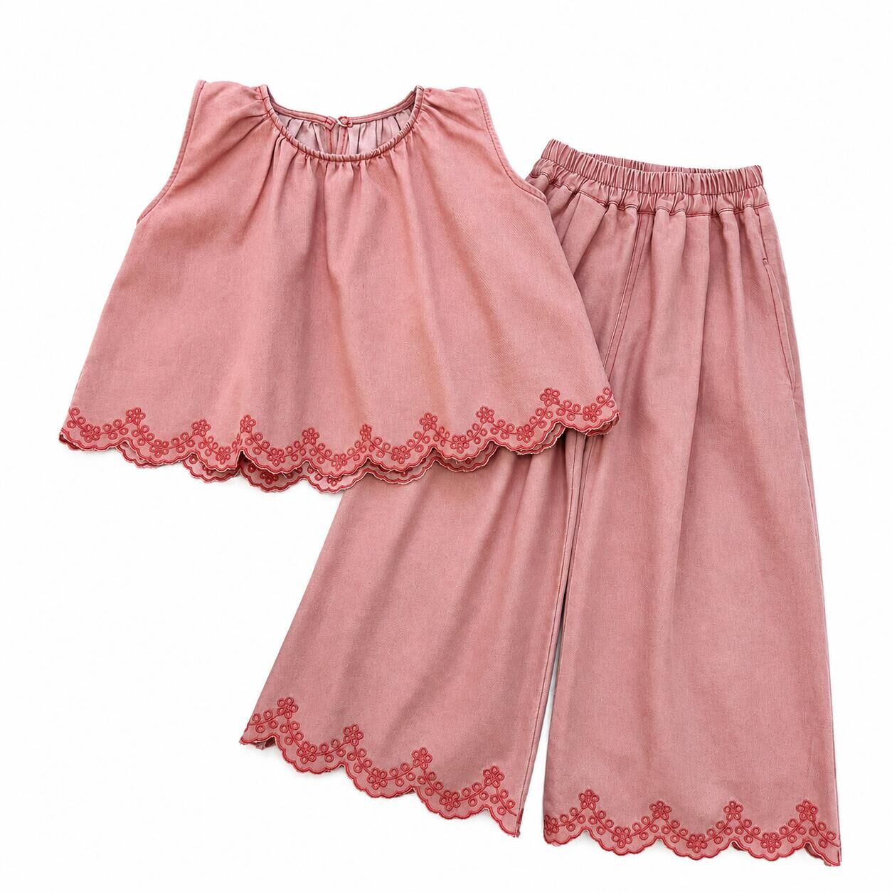 （In Production）Girls Summer Embroidery Scallop Denim Outfit Set
