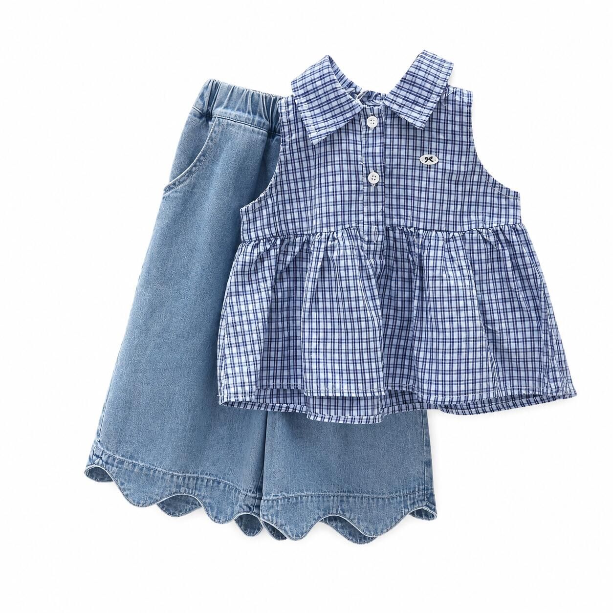 （In Production）Girls Summer Blue Plaid Top Denim Scallop Pants Set