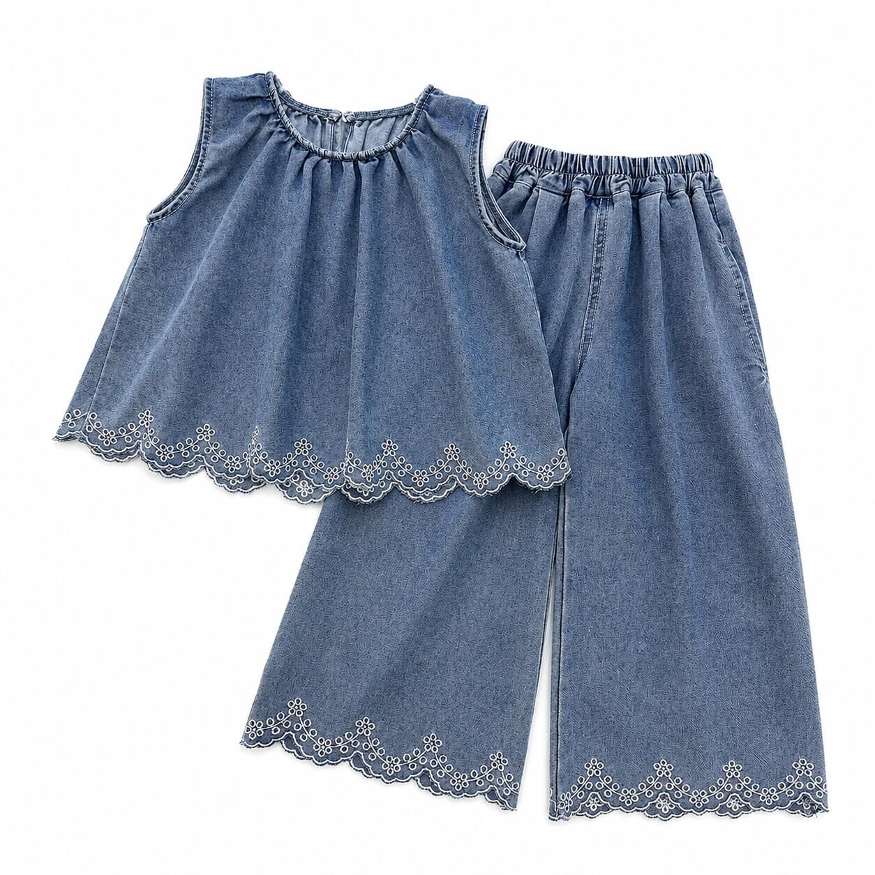 （In Production）Girls Summer Embroidery Scallop Denim Outfit Set
