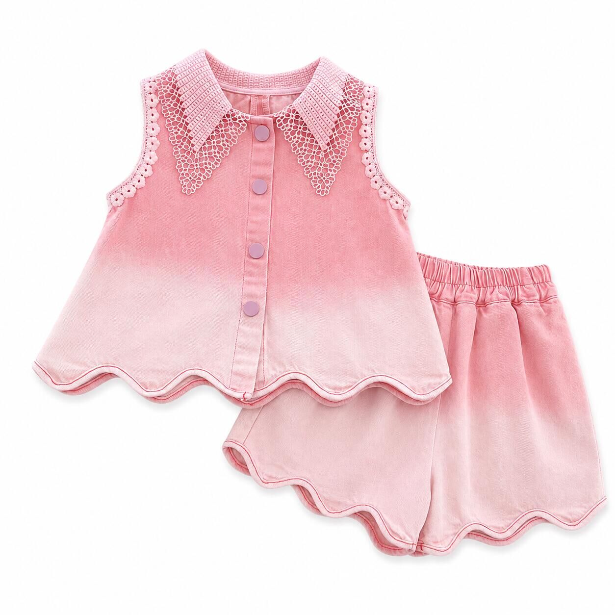 （In Production）Girls Summer Pink Scallop Denim Shorts Set