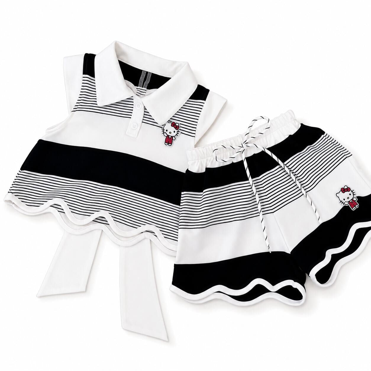 （In Production）Girls Summer Black&White Stripe Scallop Shorts Set