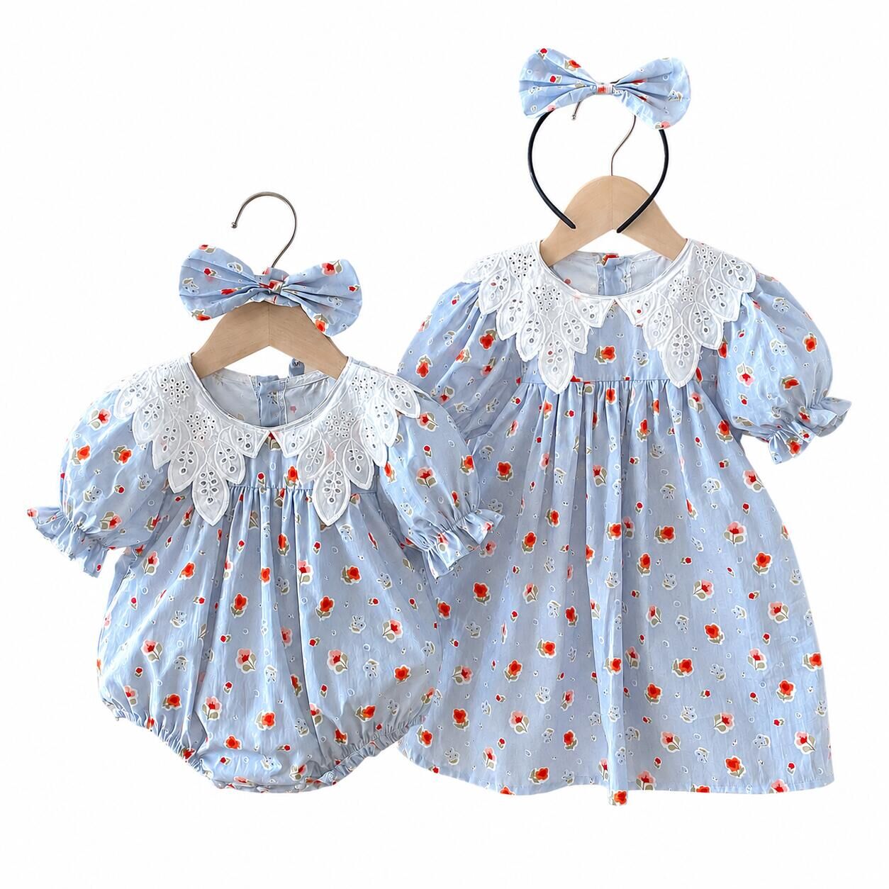 （In Production）Sisters Summer Floral Print Baby Collar Dress&Romper