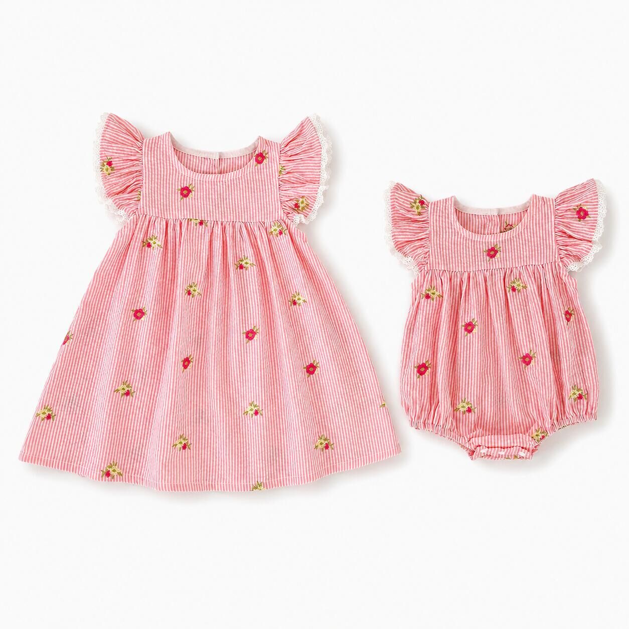 （In Production）Sisters Summer Floral Embroidery Flying Sleeves Dress&Romper