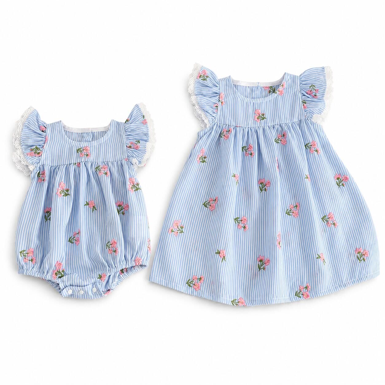 （In Production）Sisters Summer Floral Embroidery Flying Sleeves Dress&Romper