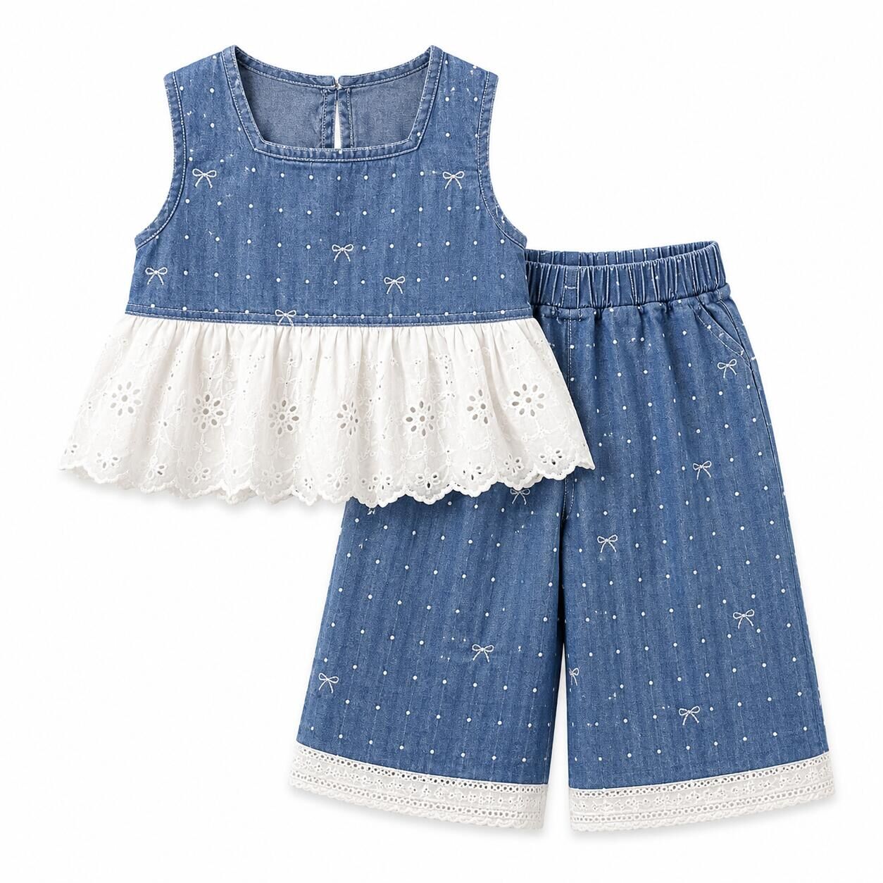 （In Production）Girls Summer Lace Denim Outfit Set