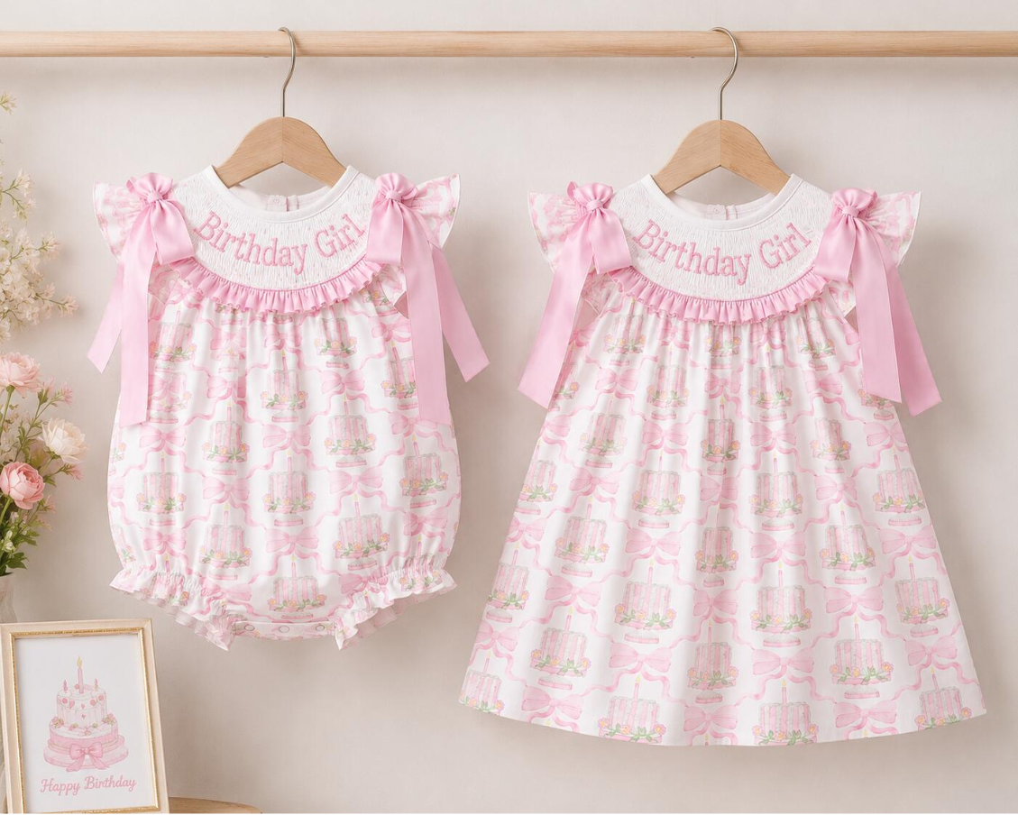 （Pre Order）Sisters Spring&Summer BIRTHDAY GIRL Embroidery Smocked Dress&Romper