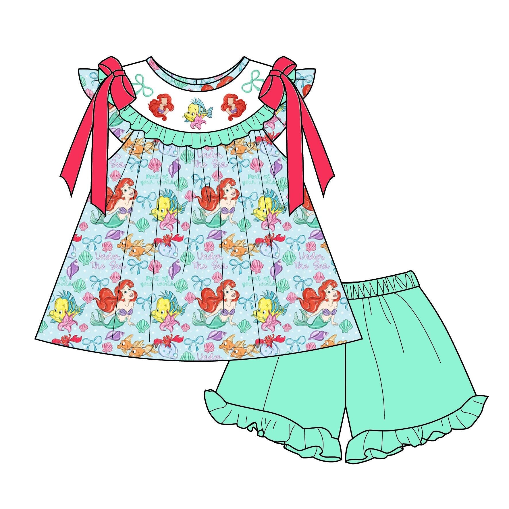 （Pre Order）Sisters Spring&Summer Mermaid Embroidery Smocked Dress,Set&Romper