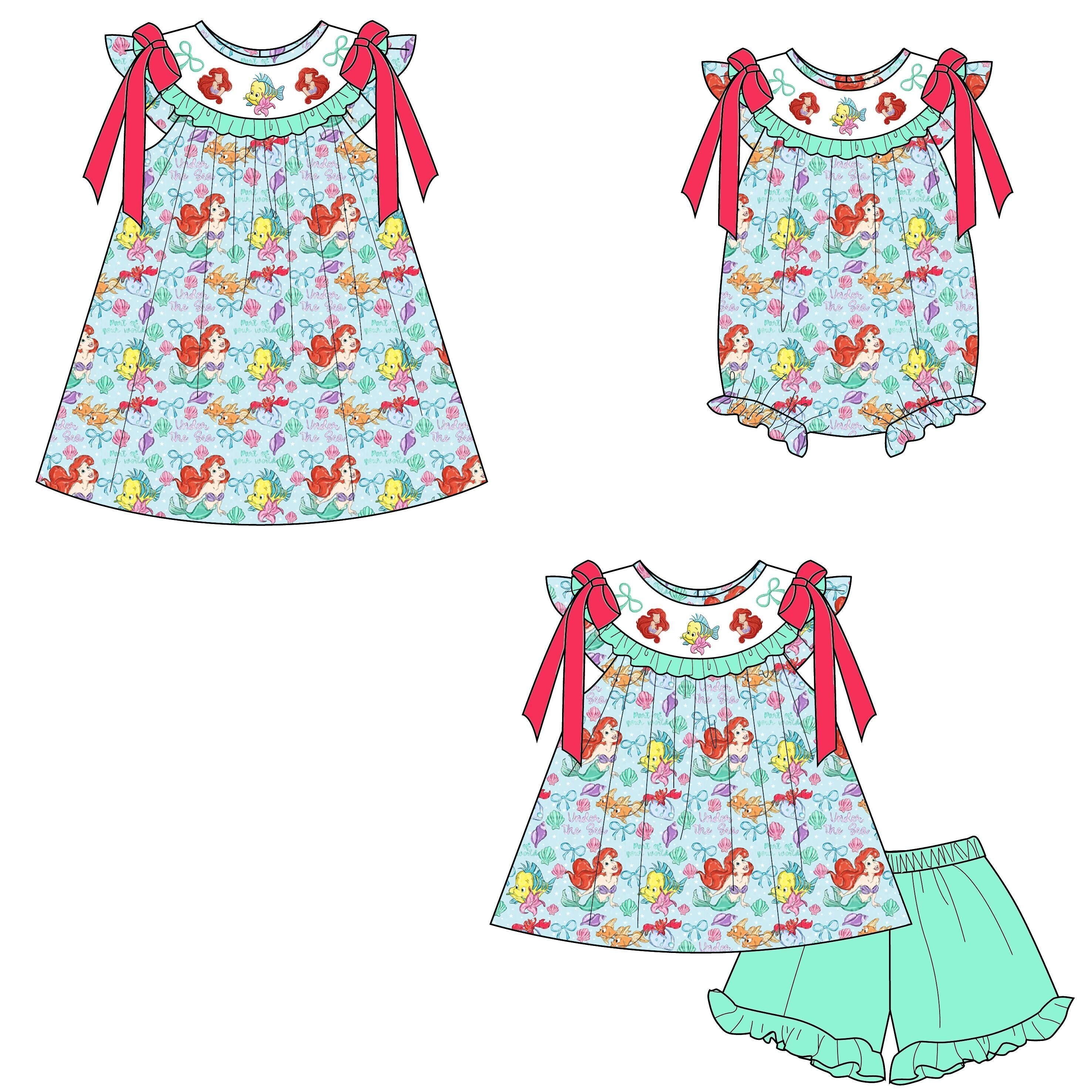 （Pre Order）Sisters Spring&Summer Mermaid Embroidery Smocked Dress,Set&Romper
