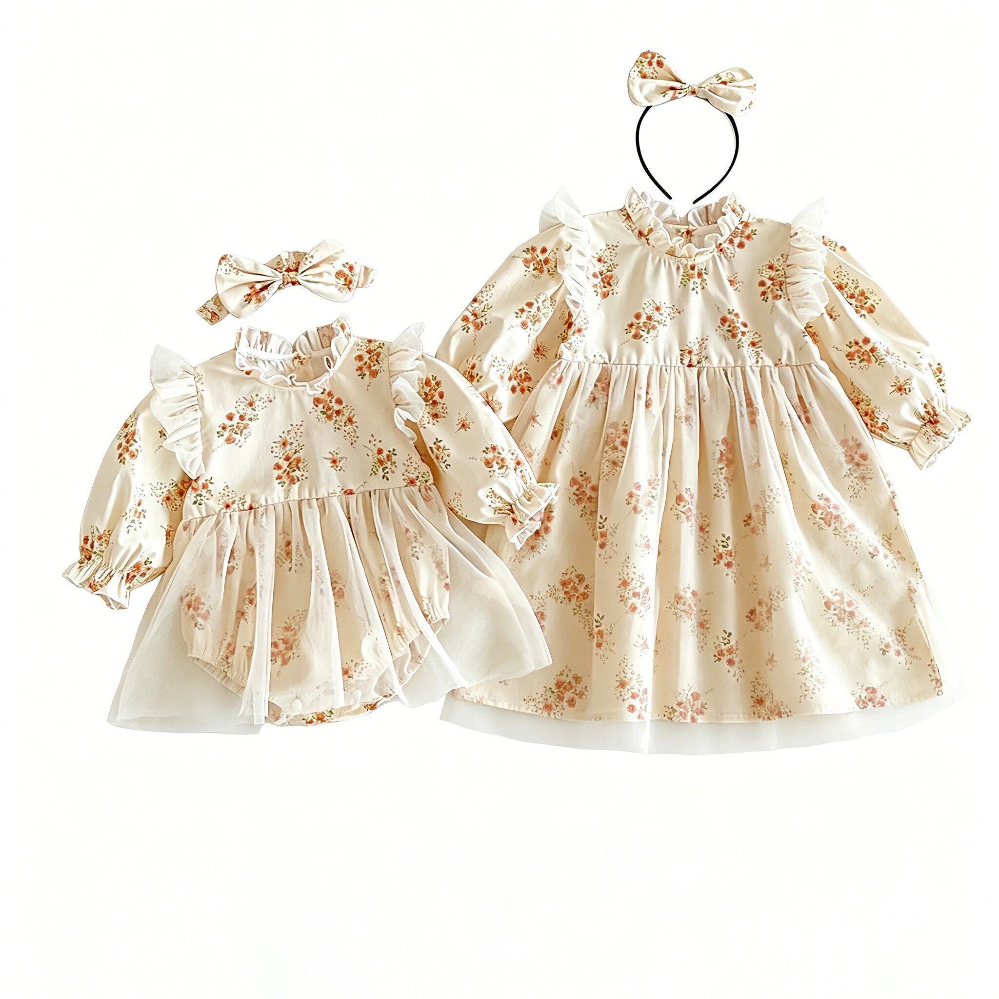 （In Production）Sisters Fall Floral Print Lace Ruffle Dress&Romper