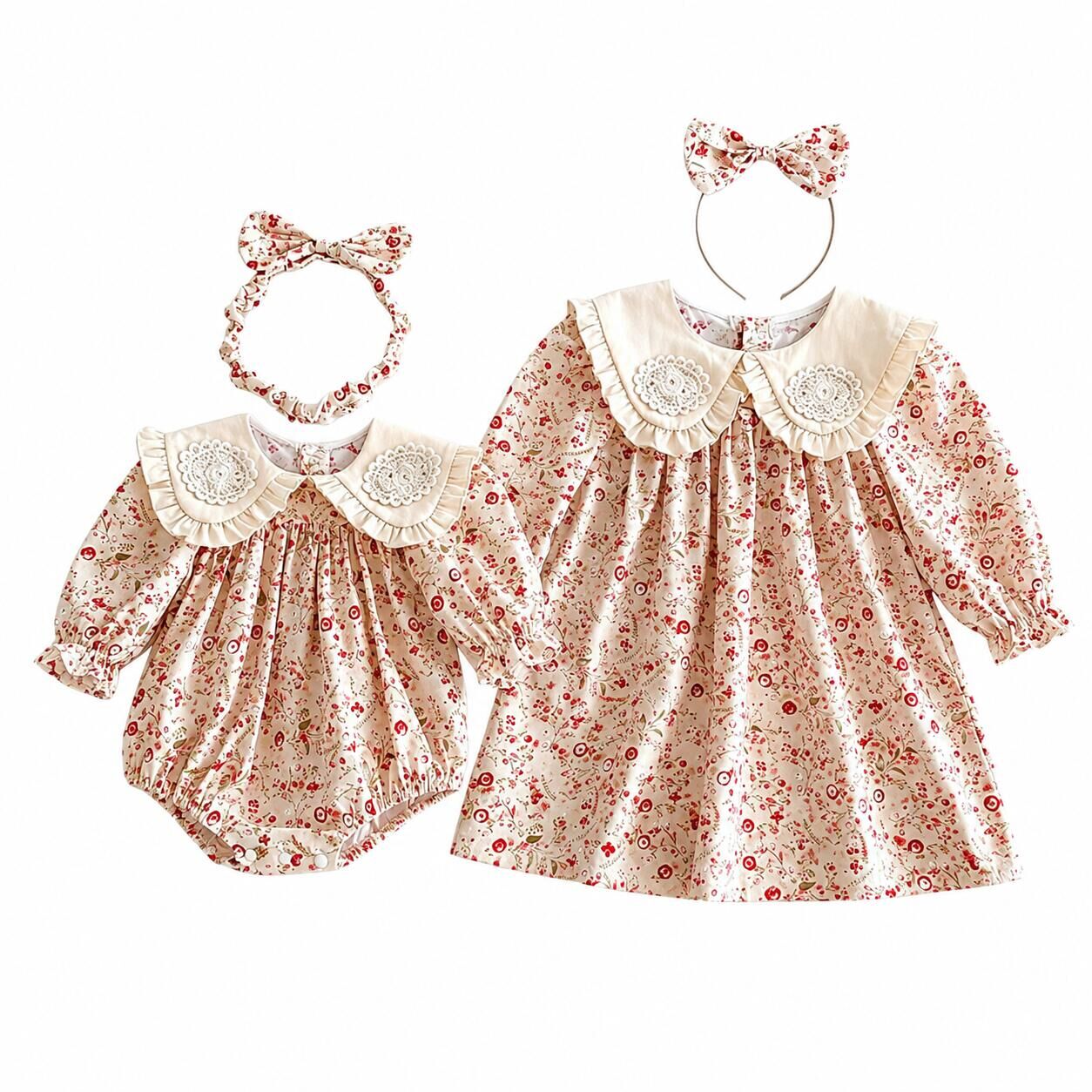 （In Production）Sisters Fall Floral Print Ruffle Dress&Romper