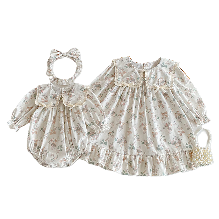（In Production）Sisters Fall Floral Print Lace Bow Ruffle Dress&Romper