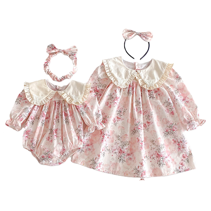 （In Production）Sisters Baby Collar Pink Floral Dress&Romper