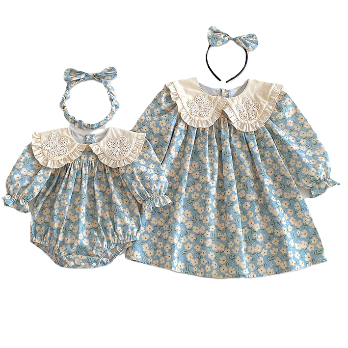 （In Production）Sisters Fall Floral Print Ruffle Dress&Romper