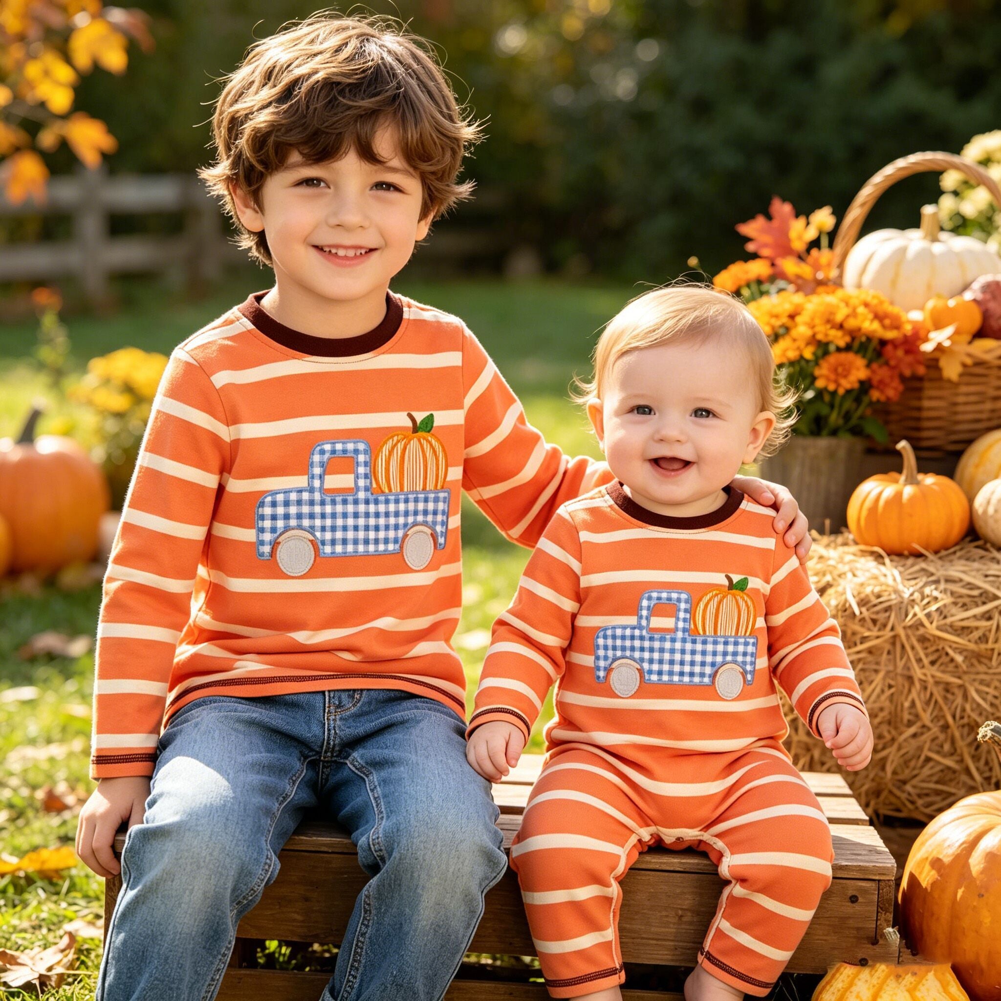 （In Stock）Brothers Fall Pumpkin Applique Cotton Top&Romper