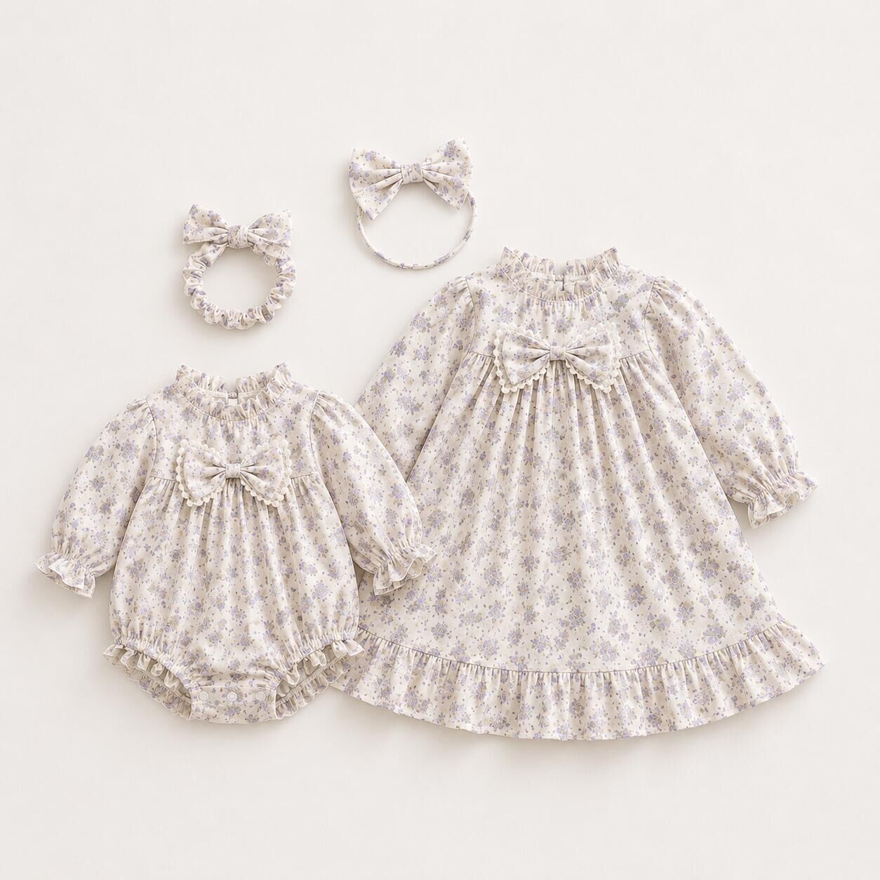 （In Production）Sisters Fall Floral Print Ruffle Dress&Romper