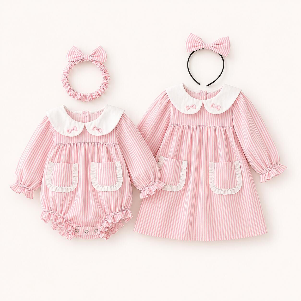 （In Production）Sisters Fall Pink Stripe Dress&Romper with Pockets