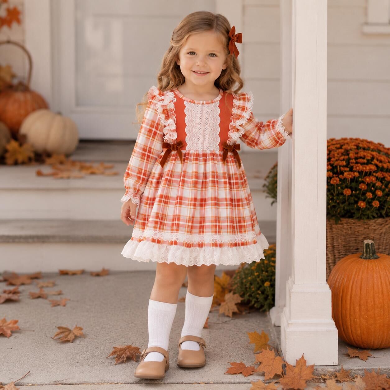 （In Stock）Girls Fall Plaid Lace Ruffle Dress