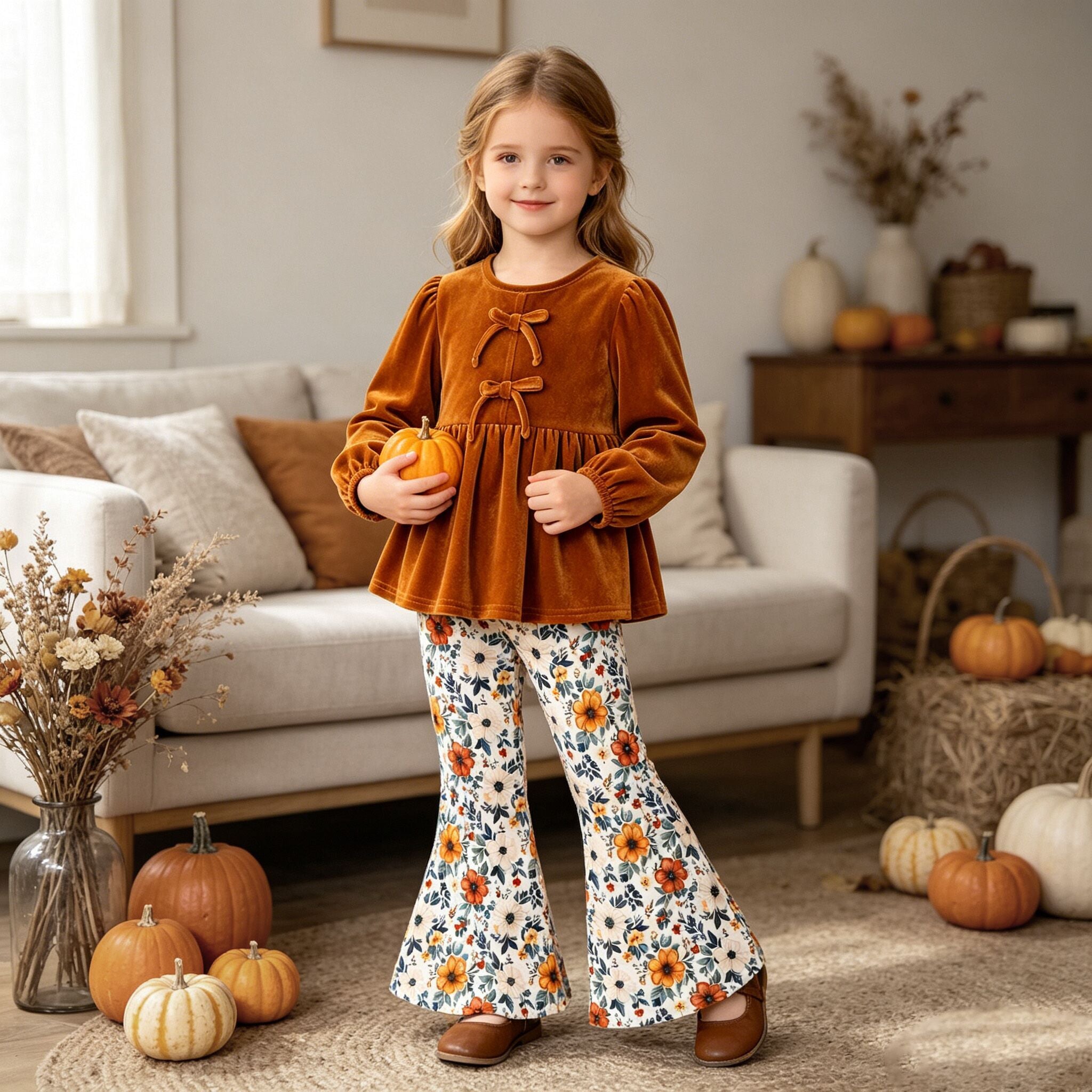 （In Stock）Girls Fall Floral Print Velvet Outfit Set