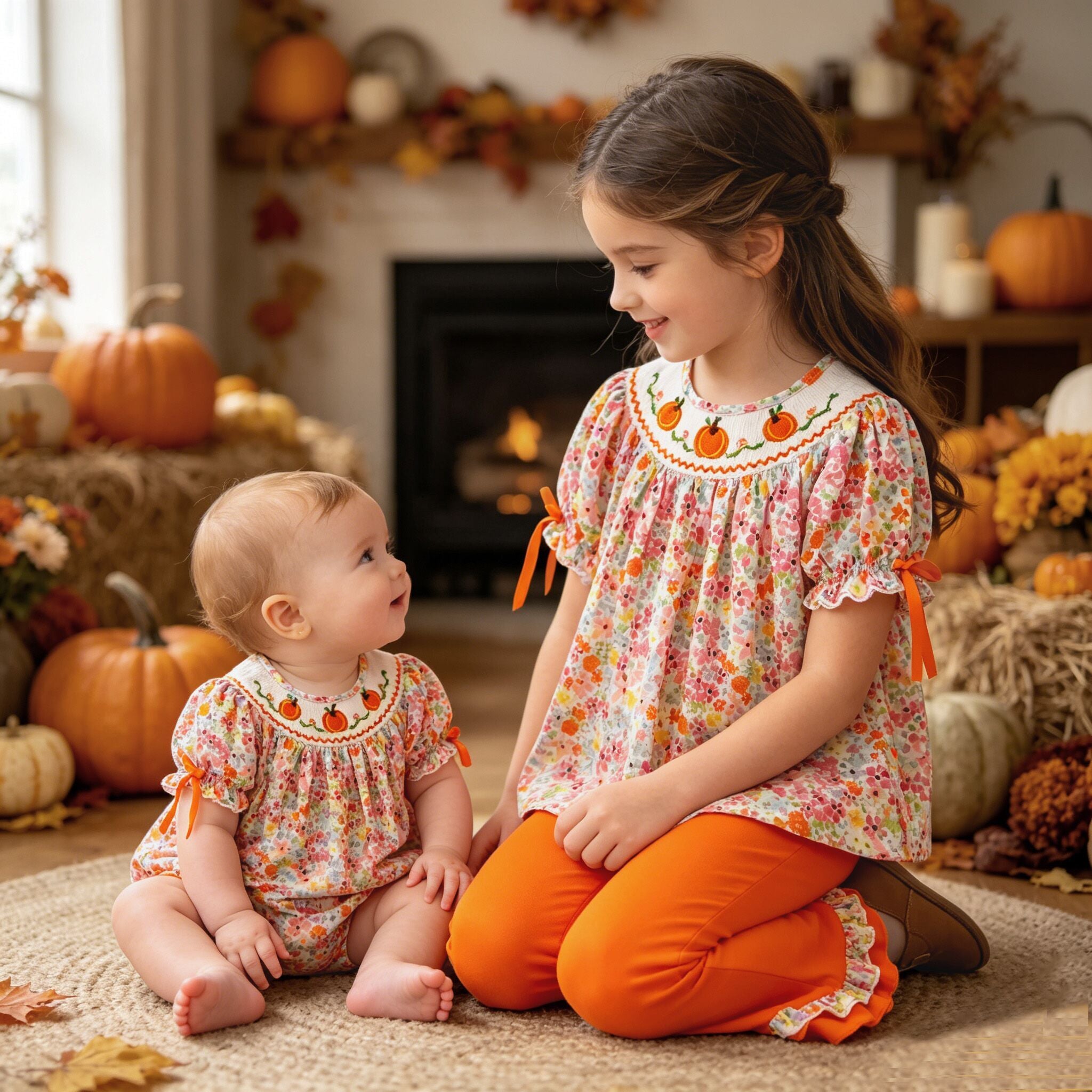 （In Stock）Sisters Fall Pumpkin Embroidery Smocked Outfit Set&Romper
