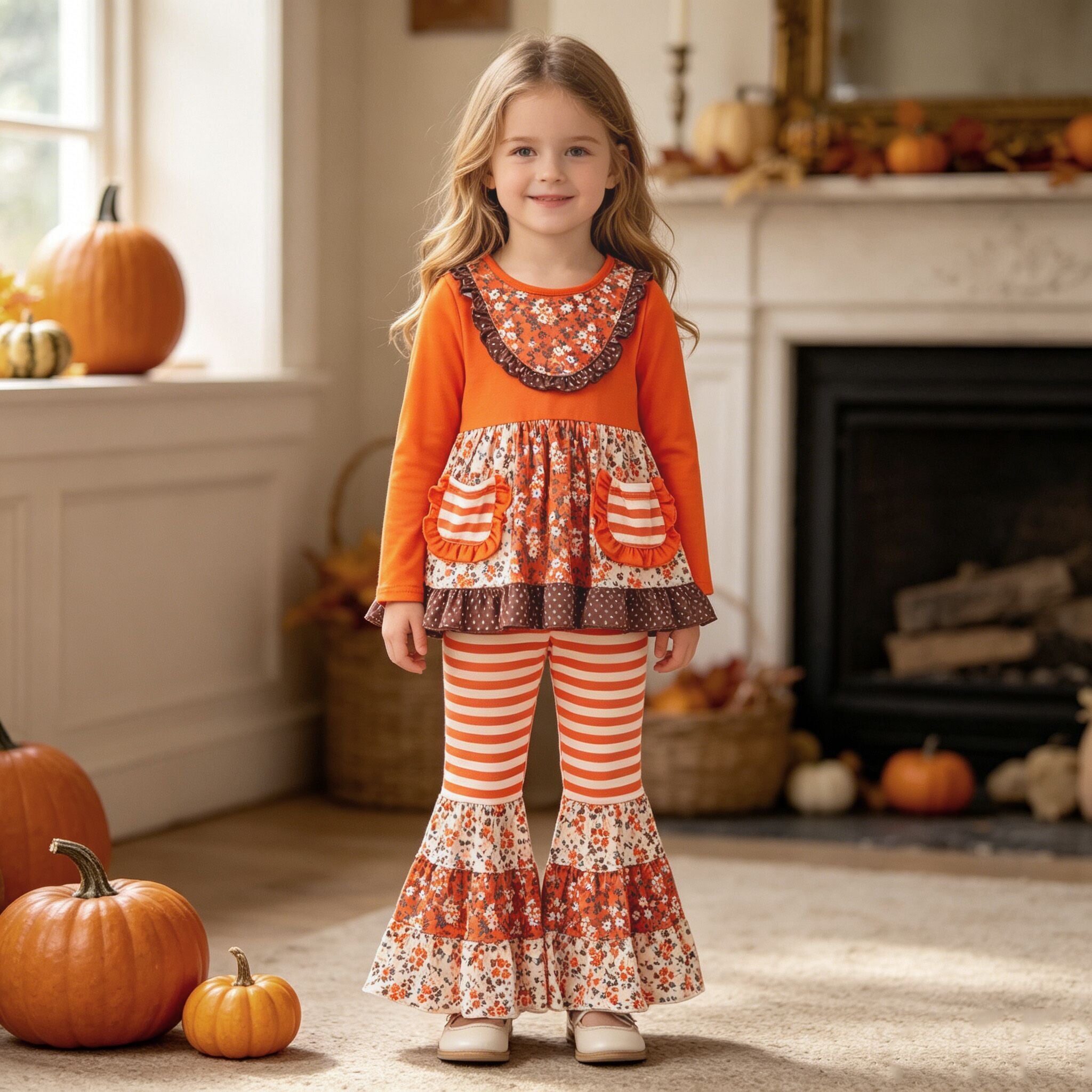 （In Stock）Girls Fall Floral Print Ruffle Outfit Set