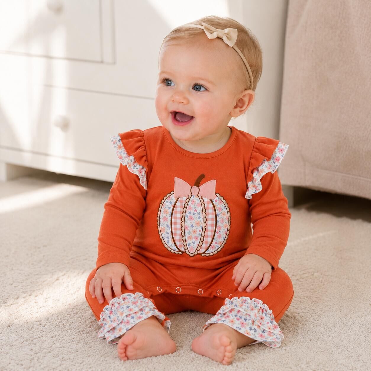 （In Stock）Toddler Girls Fall Pumpkin Applique Ruffle Romper