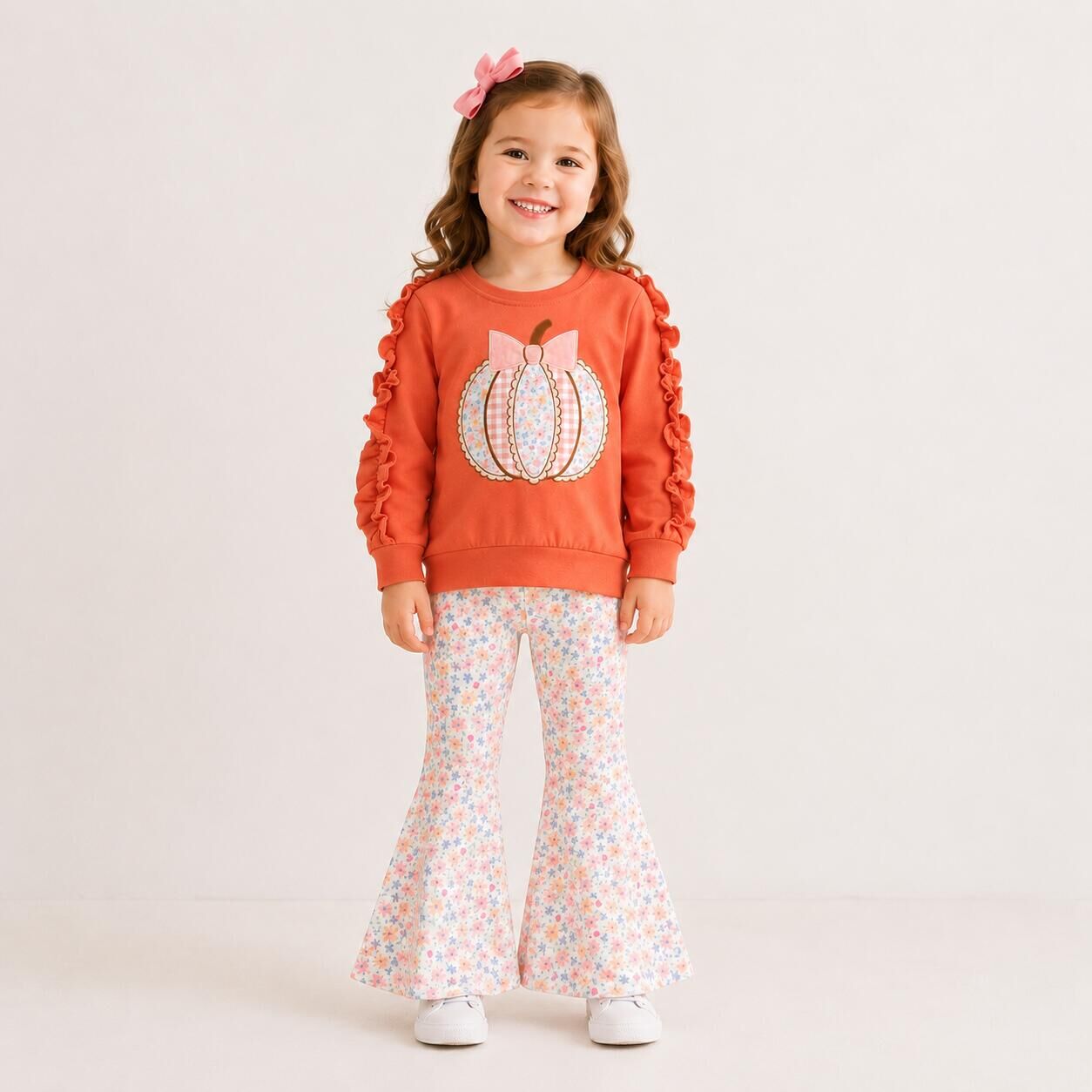 （In Stock）Girls Fall Pumpkin Applique Ruffle Outfit Set
