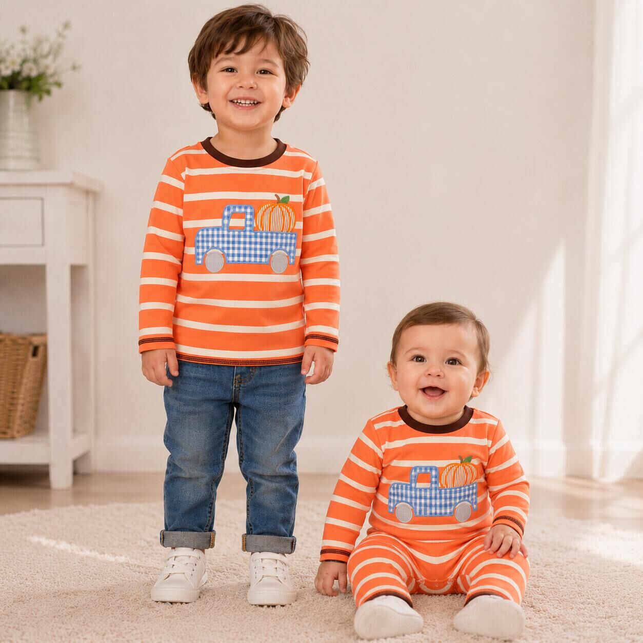 （In Stock）Brothers Fall Pumpkin Applique Cotton Top&Romper