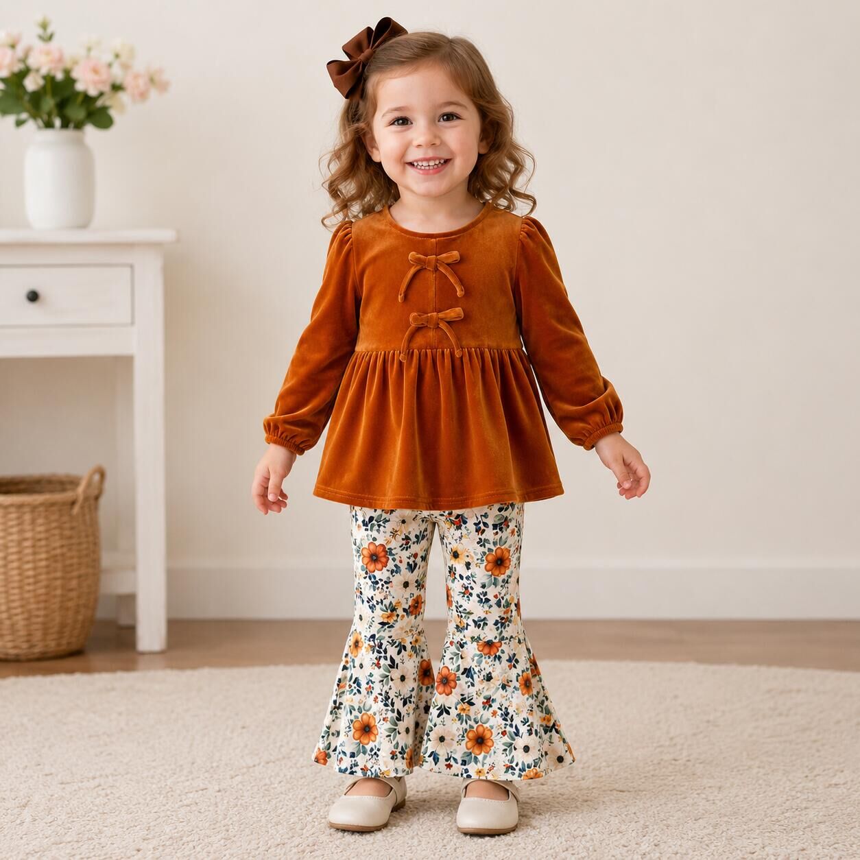 （In Stock）Girls Fall Floral Print Velvet Outfit Set