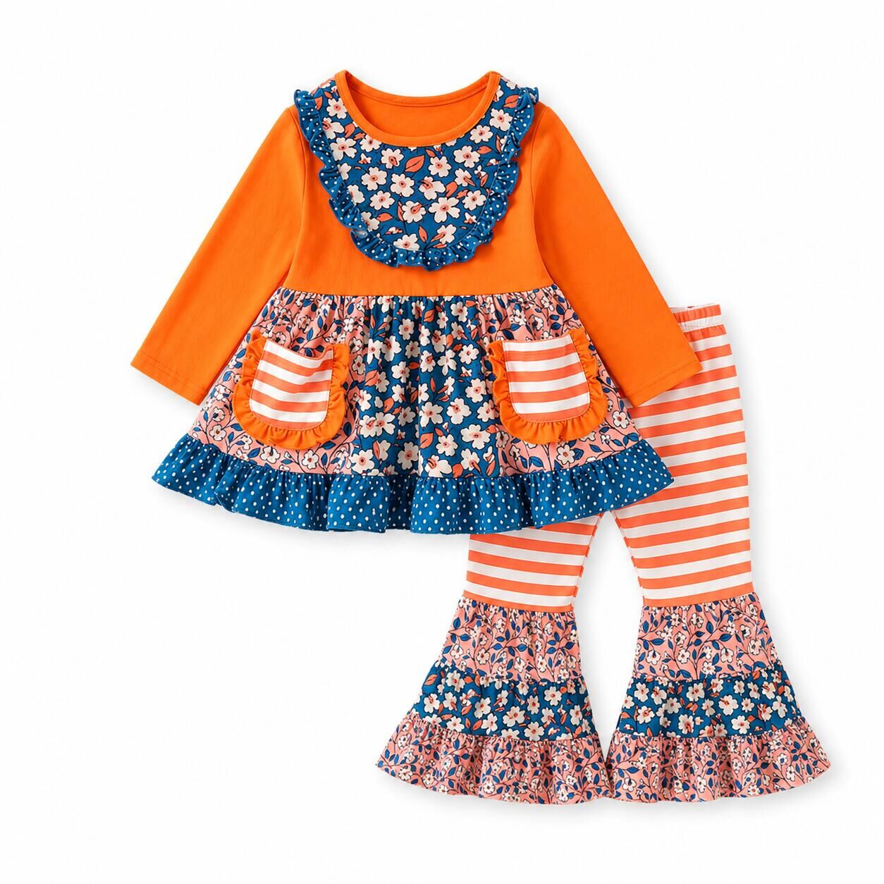 （In Stock）Girls Fall Floral Print Ruffle Outfit Set