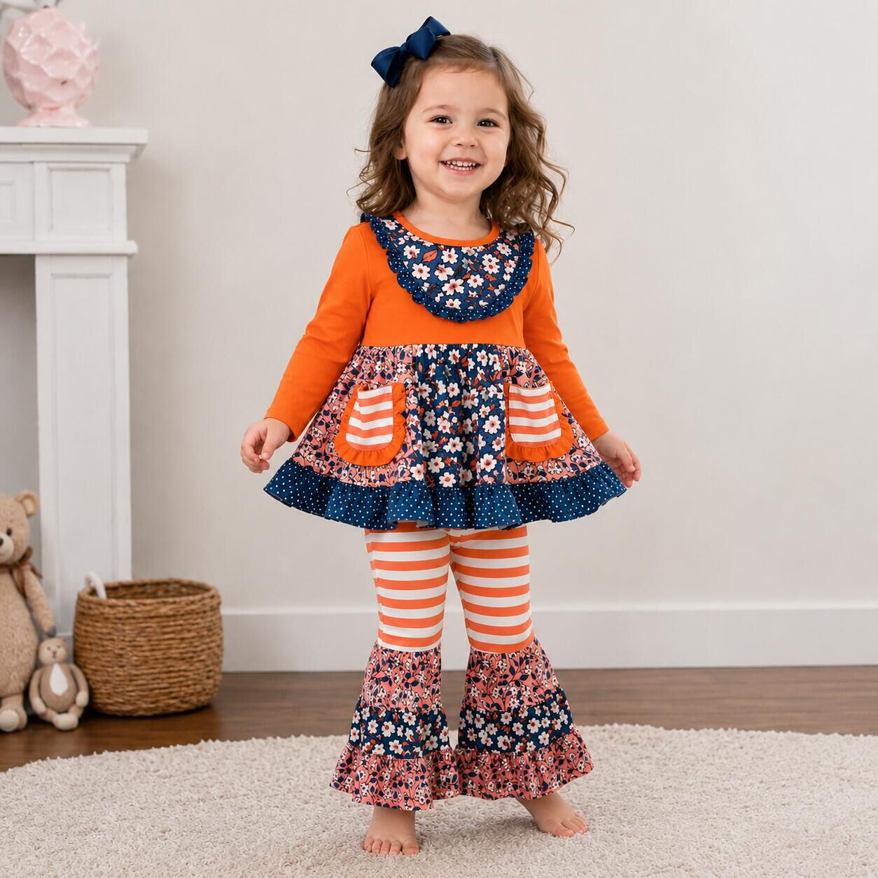 （In Stock）Girls Fall Floral Print Ruffle Outfit Set