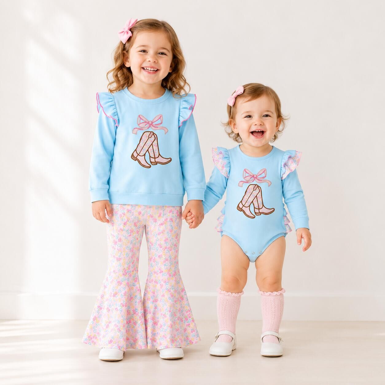 （In Stock）Sisters Fall Boots Applique Ruffle Outfit Set&Romper