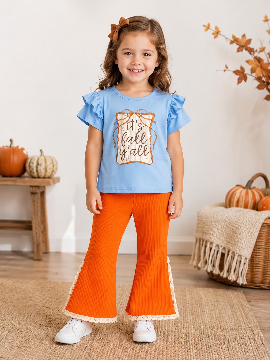（In Stock）Girls Fall Print Ruffle Outfit Set