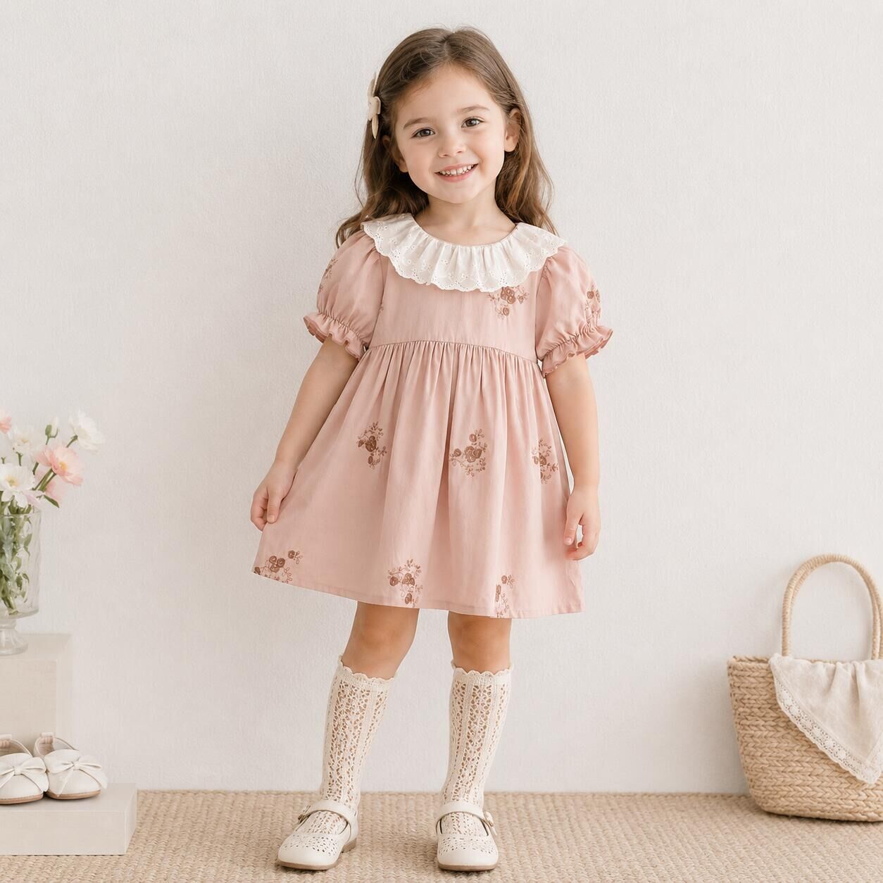 （In Production）Girls Fall Floral Embroidery Lace Collar Dress