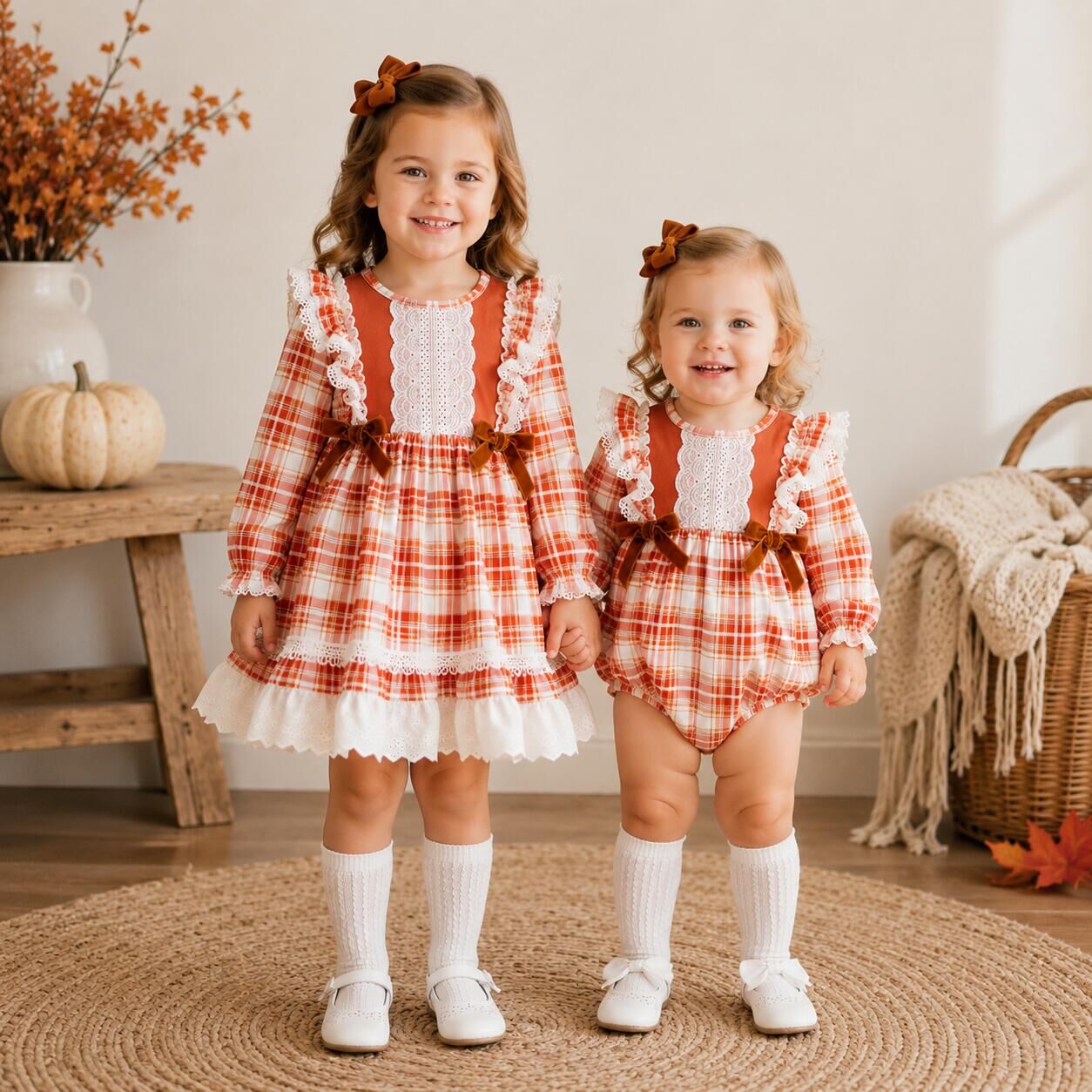 （In Stock）Girls Fall Plaid Lace Ruffle Dress