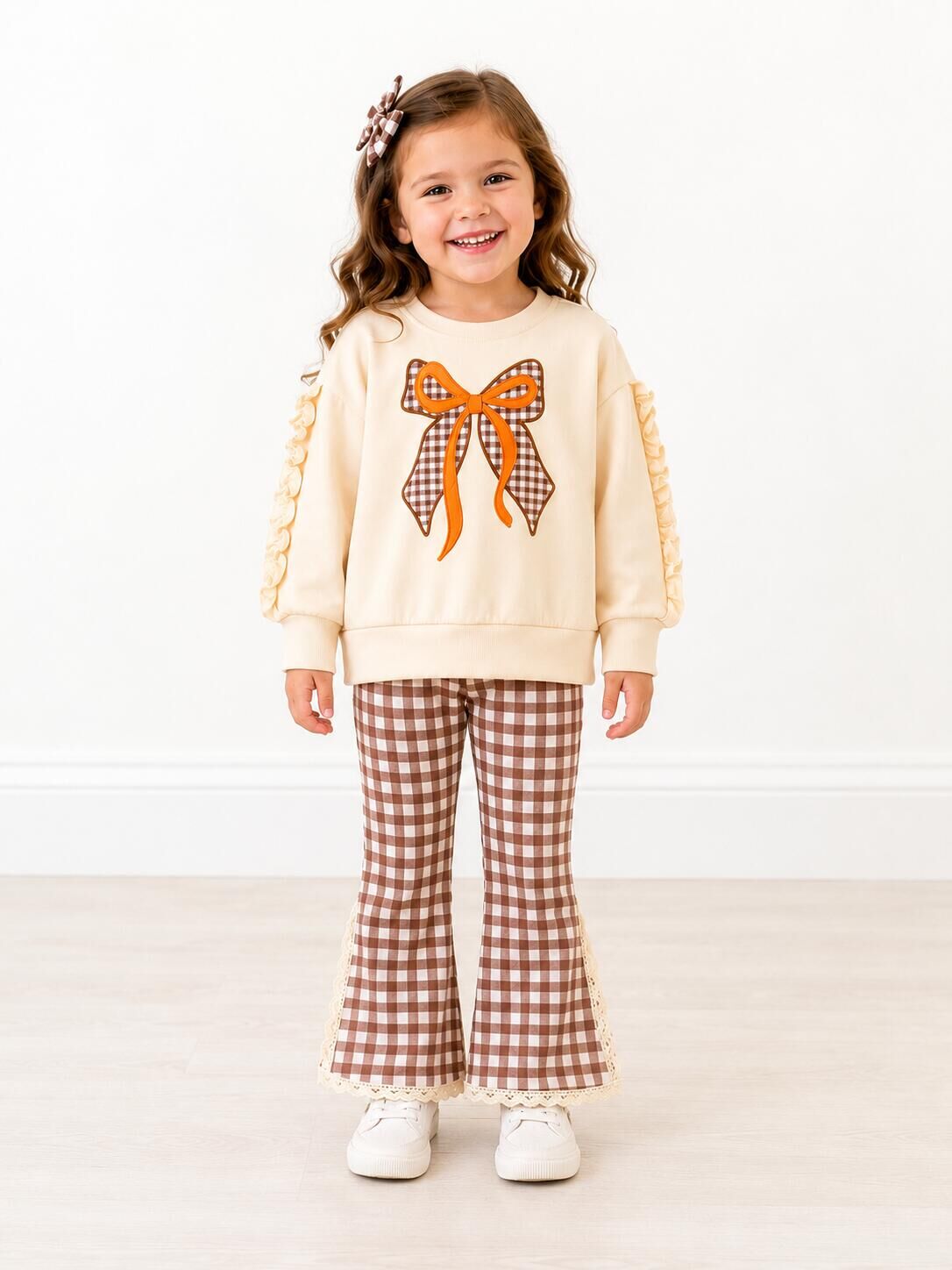 （In Stock）Girls Fall Bow Applique Ruffle Sweatshirt Set