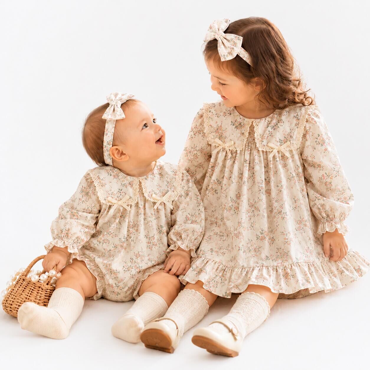 （In Production）Sisters Fall Floral Print Lace Bow Ruffle Dress&Romper