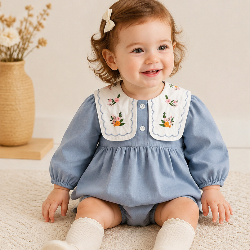 （In Production）Girls Fall Floral Embroidery Romper