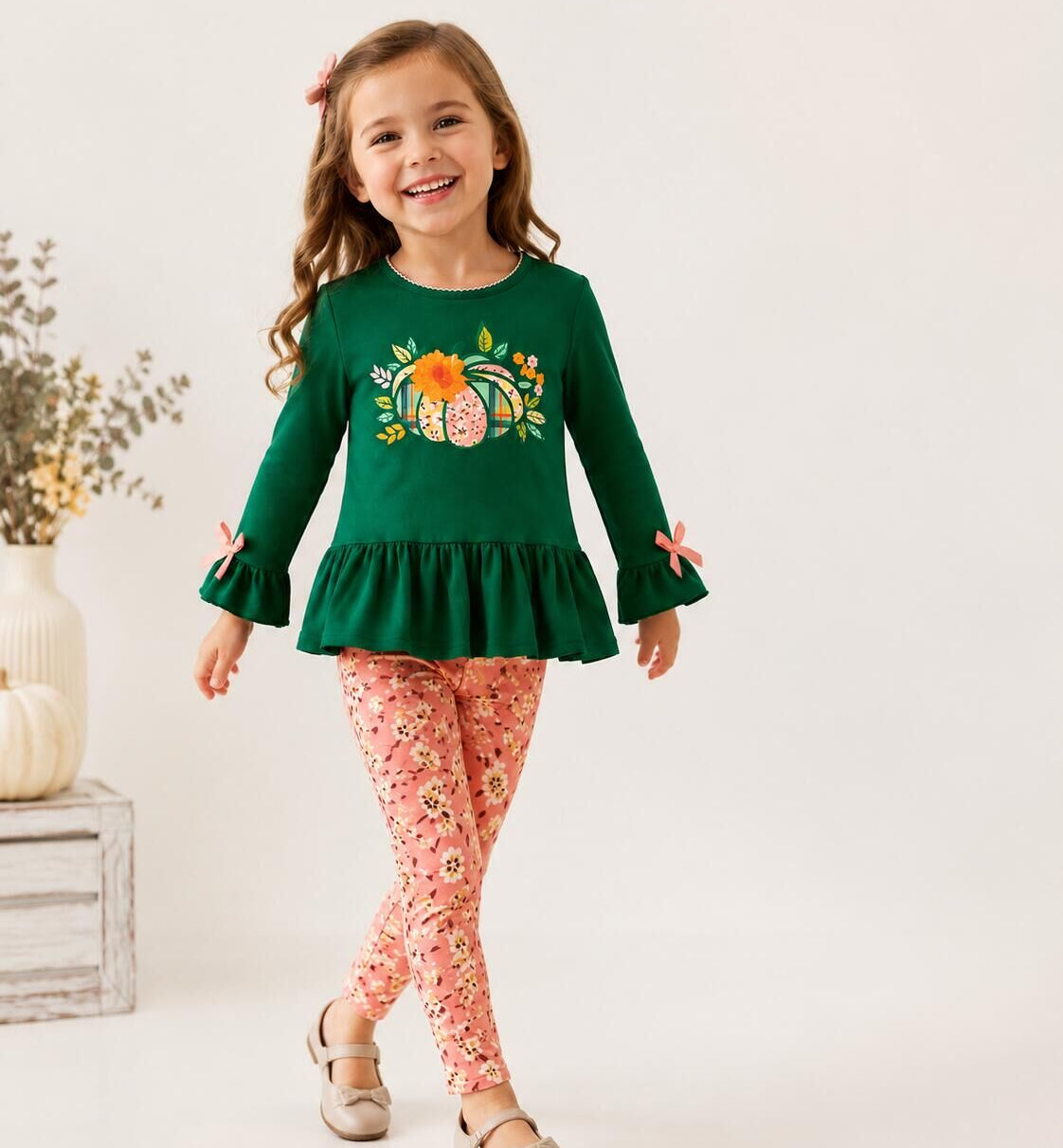 （In Stock）Girls Fall Pumpkin Applique Ruffle Outfit Set
