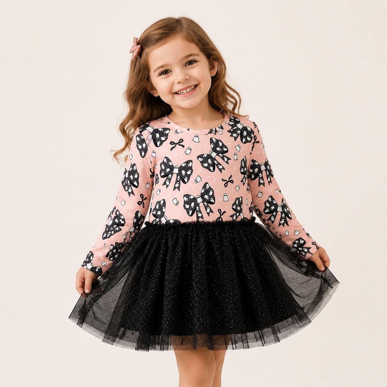 （In Stock）Girls Halloween Ghost Print Tulle Dress