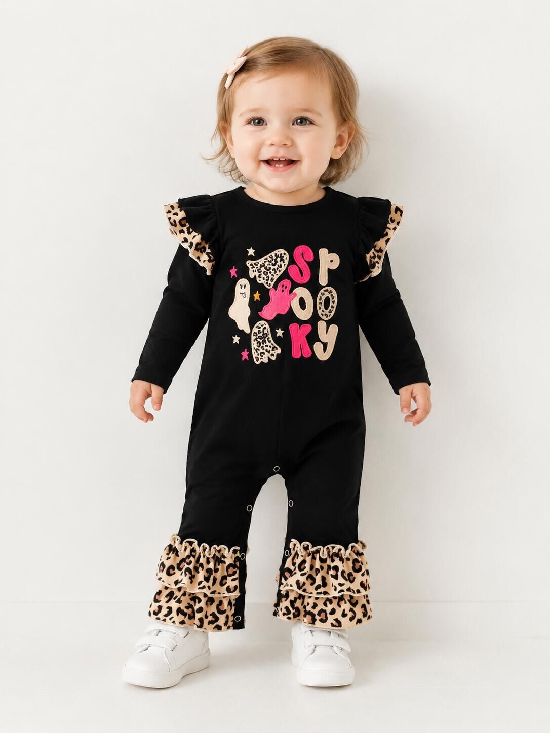 （In Stock）Toddler Girls Halloween Ghost Applique Cotton Romper
