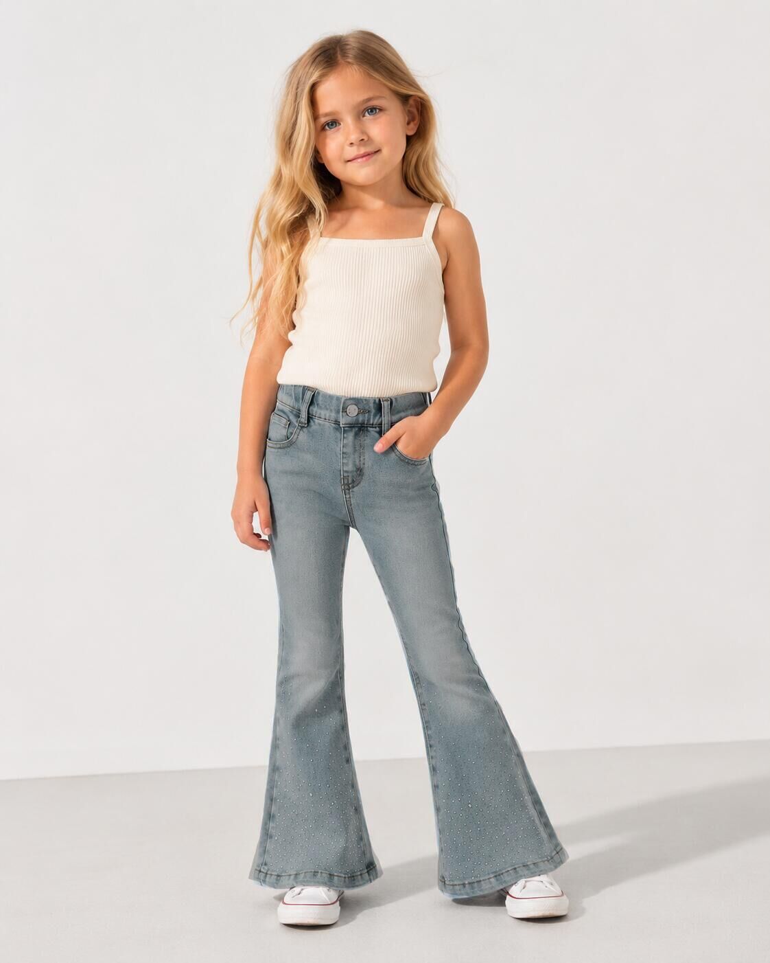 （In Stock）Girls Fall Light Blue Crystal Jeans