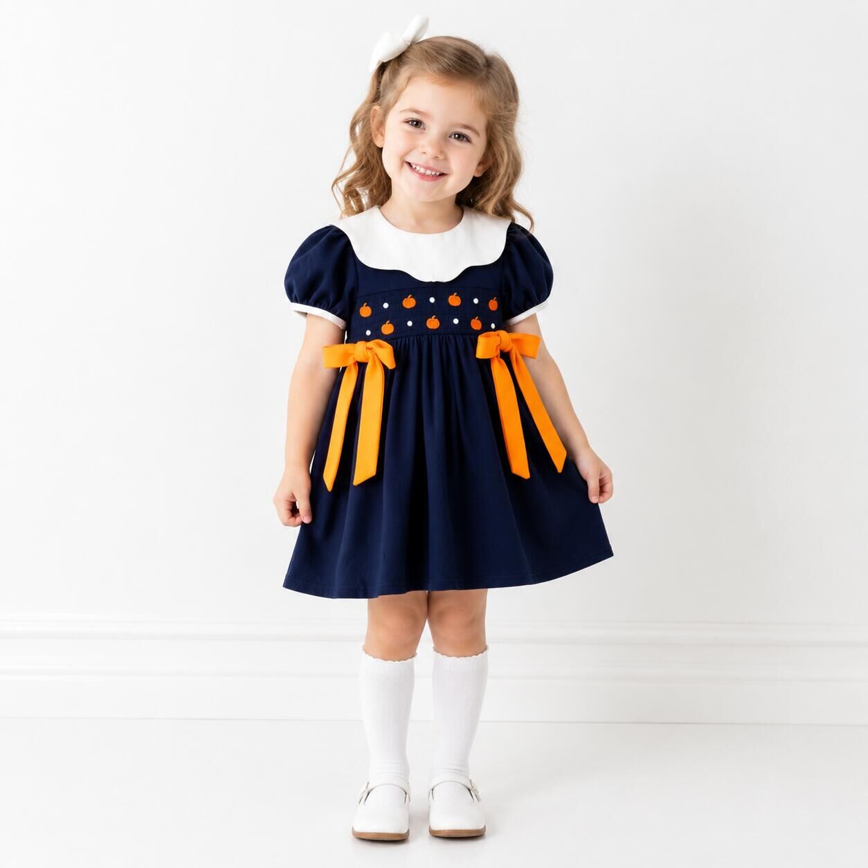 （In Stock）Girls Fall Pumpkin Embroidery Smocked Dress