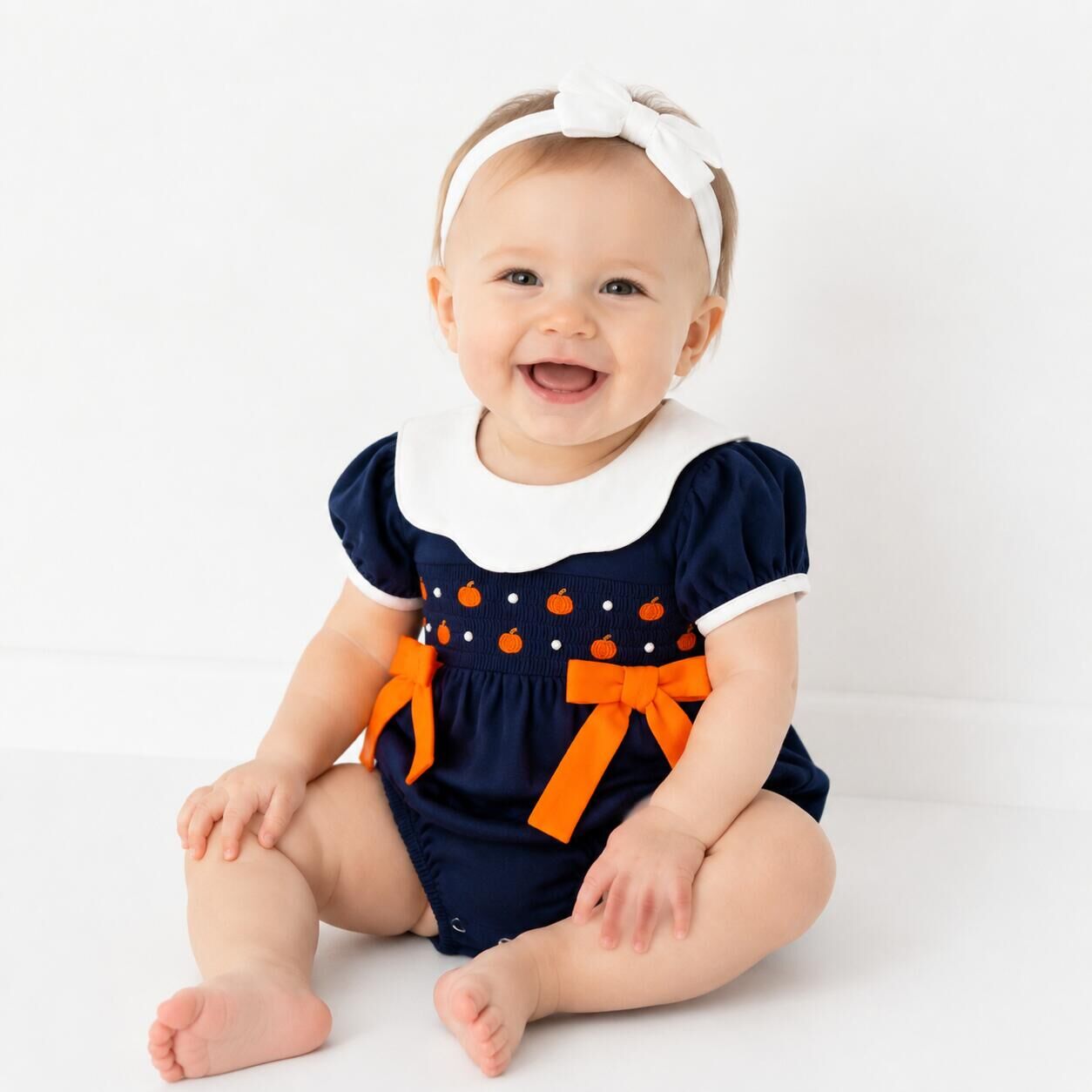（In Stock）Toddler Girls Fall Pumpkin Embroidery Cotton Smocked Romper