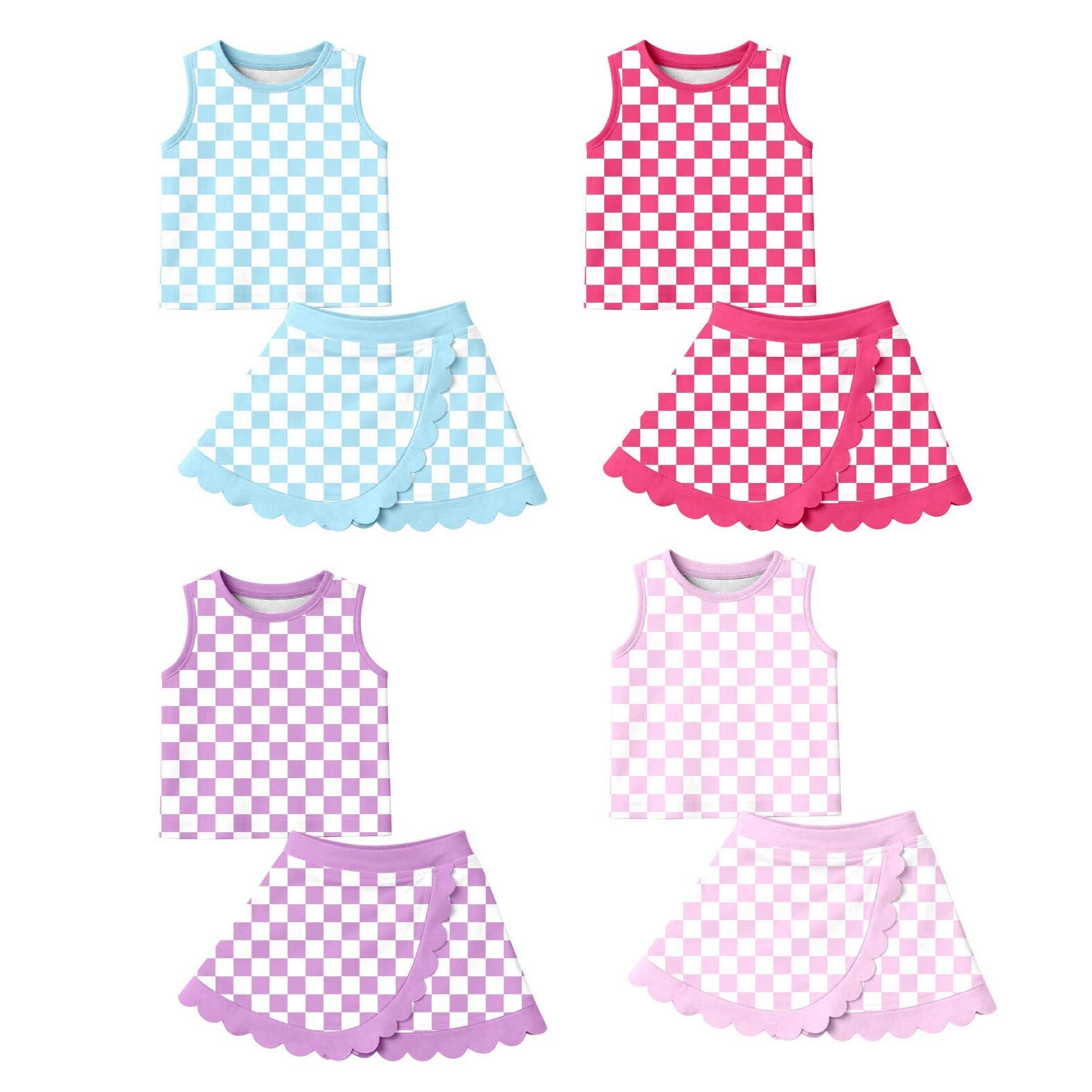 （In Production）Girls Spring&Summer Plaid Yoga Scallop Skort Set