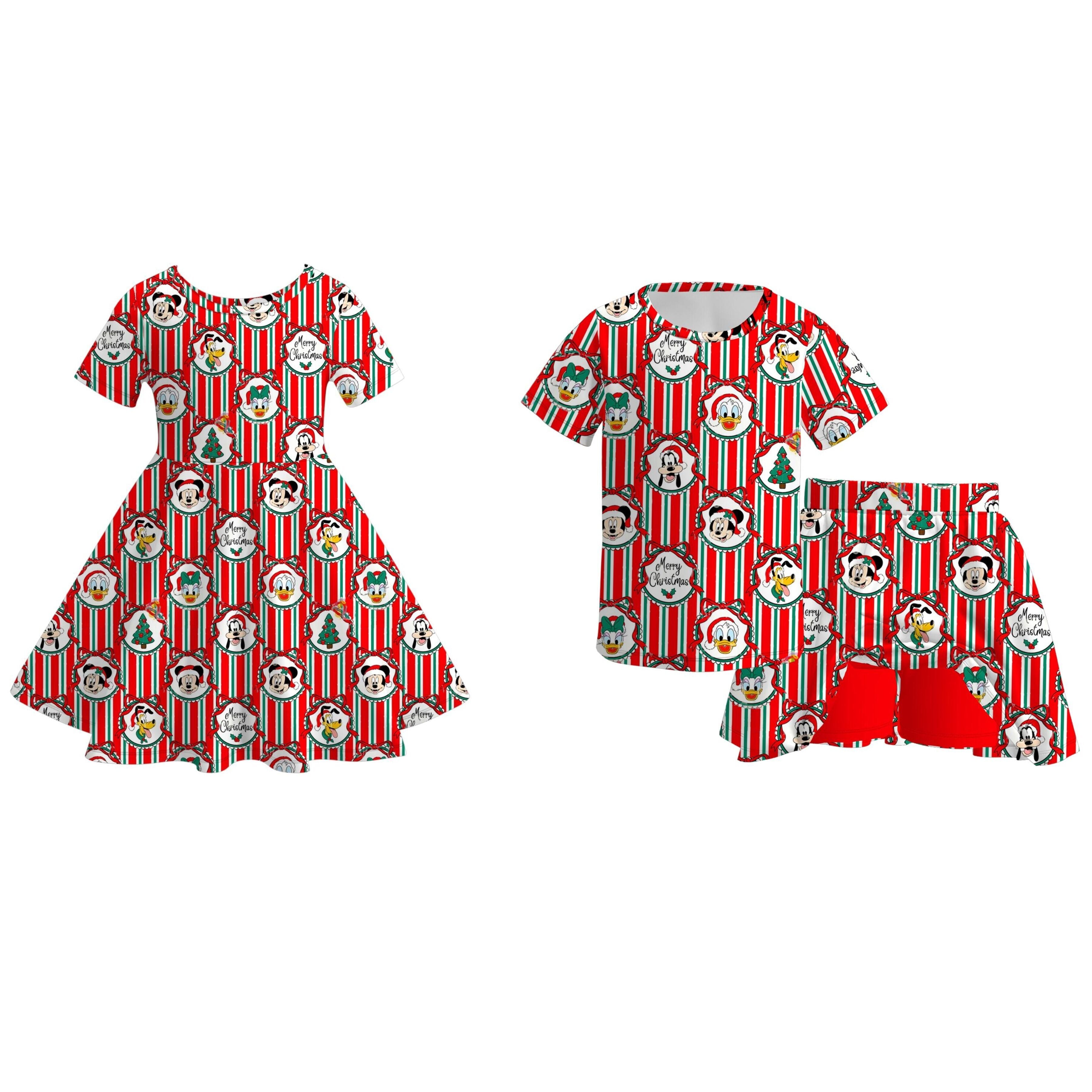 （Pre Order）Girls Christmas Cartoon Print Dress&Skort Set