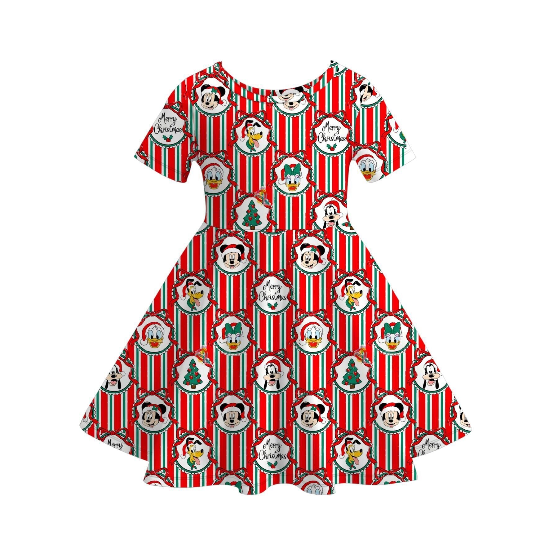 （Pre Order）Girls Christmas Cartoon Print Dress&Skort Set